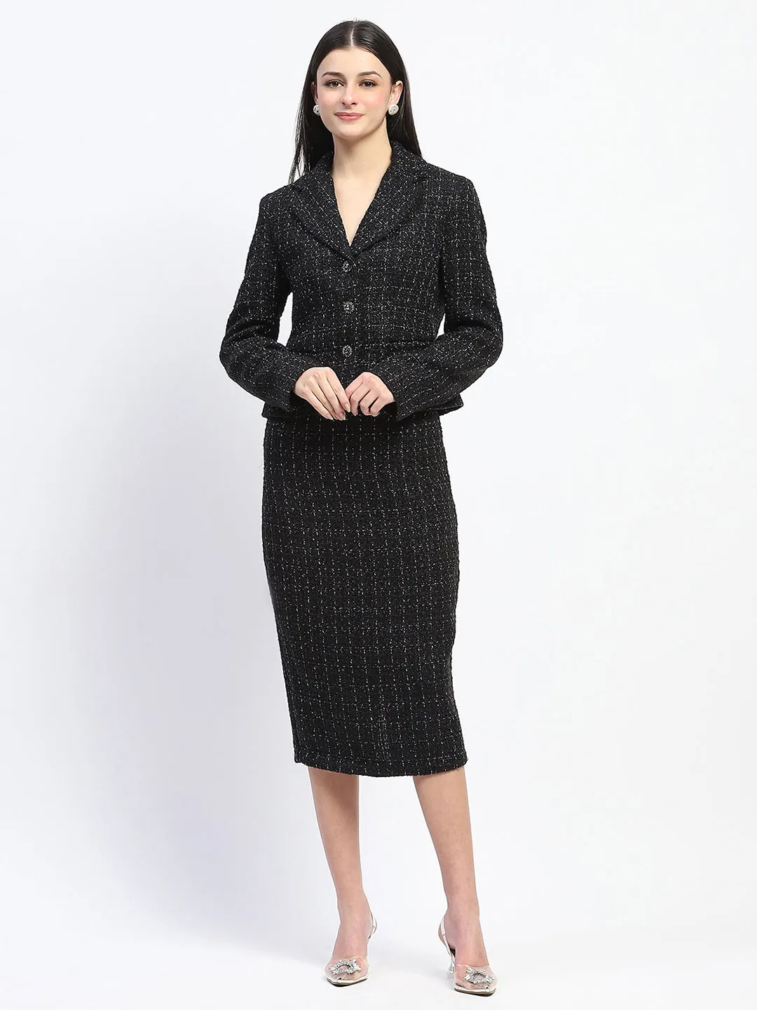 Madame Tweed Lapel Collared Top and Bottom Black Co-ord Set