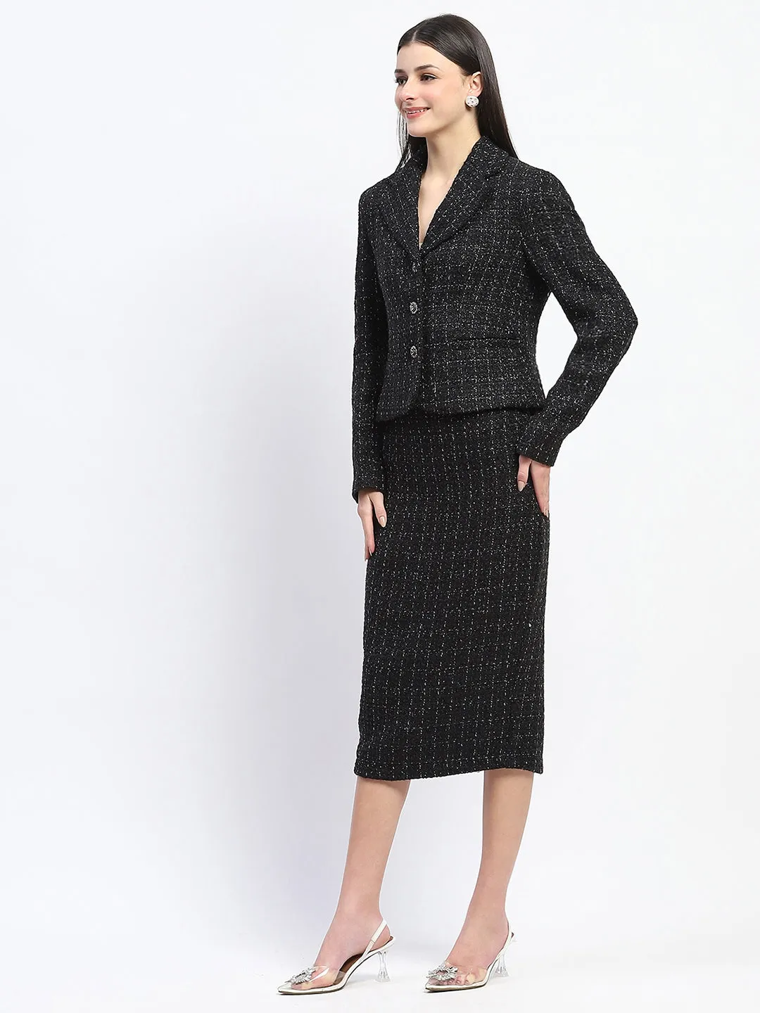 Madame Tweed Lapel Collared Top and Bottom Black Co-ord Set