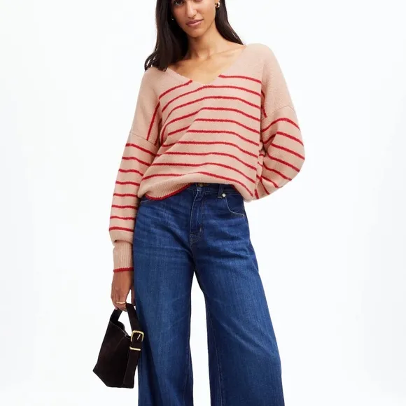 Madewell Wedged V-Neck Sweater in Pale Blush Stripe size XL NT588