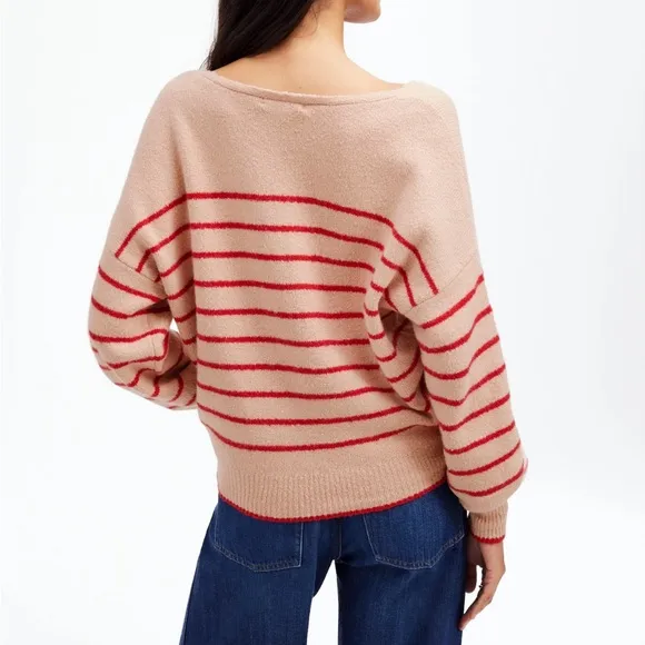 Madewell Wedged V-Neck Sweater in Pale Blush Stripe size XL NT588