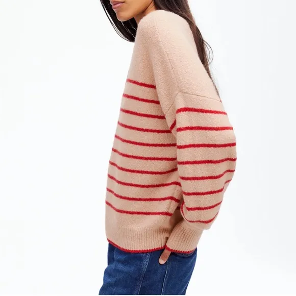 Madewell Wedged V-Neck Sweater in Pale Blush Stripe size XL NT588