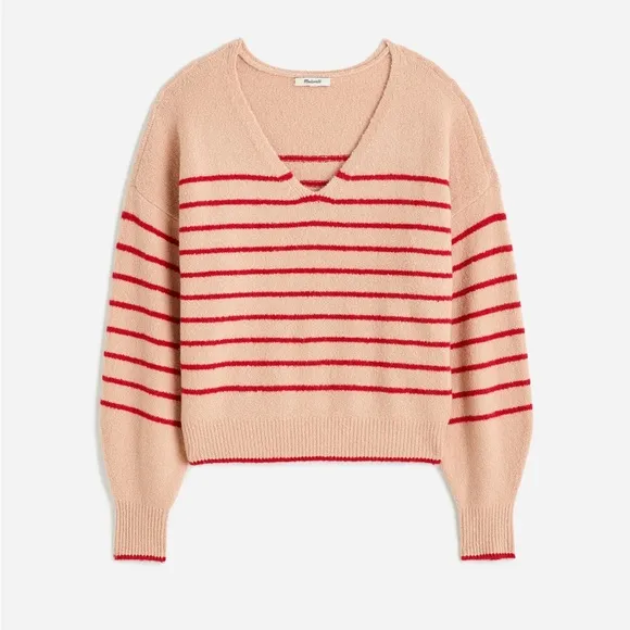 Madewell Wedged V-Neck Sweater in Pale Blush Stripe size XL NT588