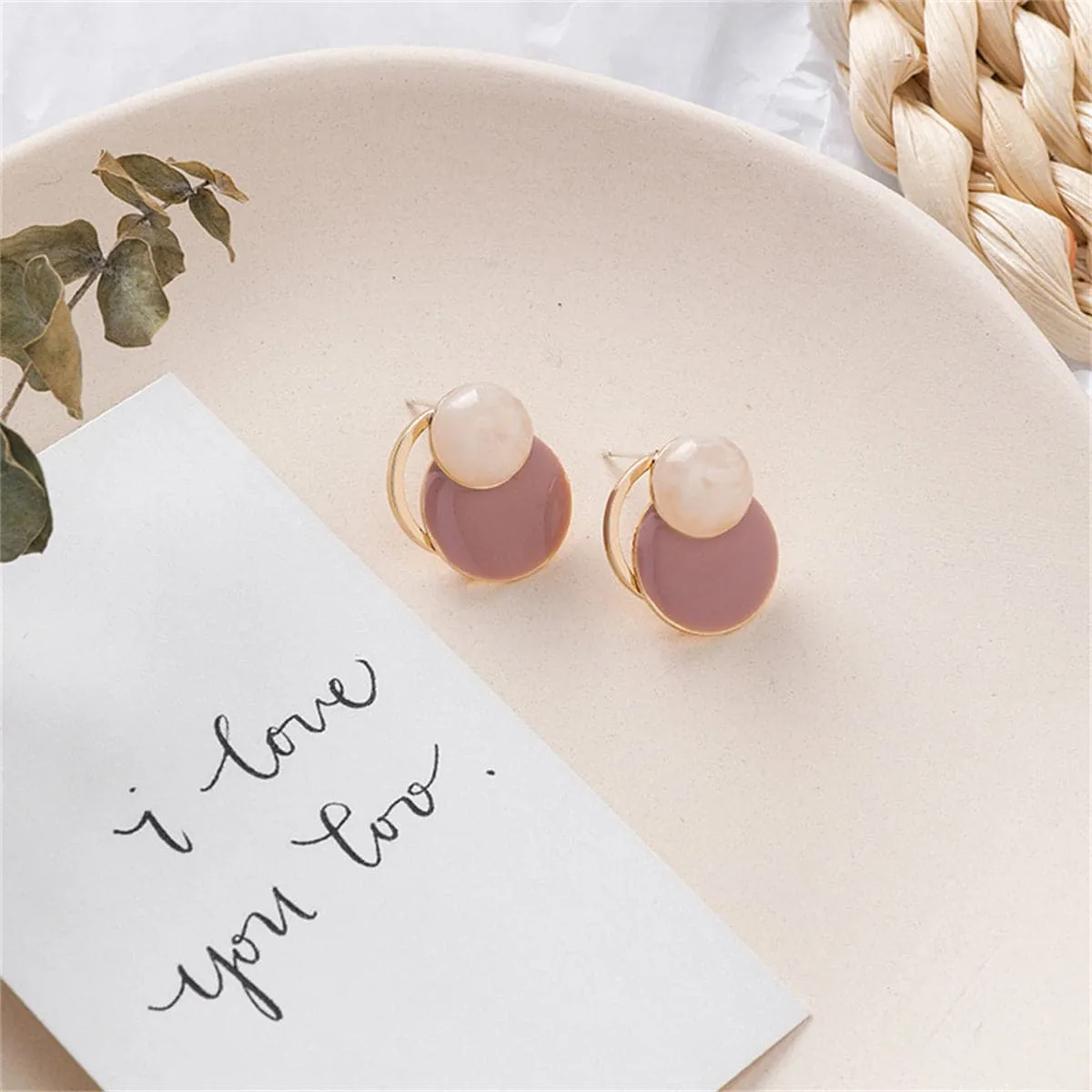 Mauve Enamel & 18K Gold-Plated Circles Stud Earrings