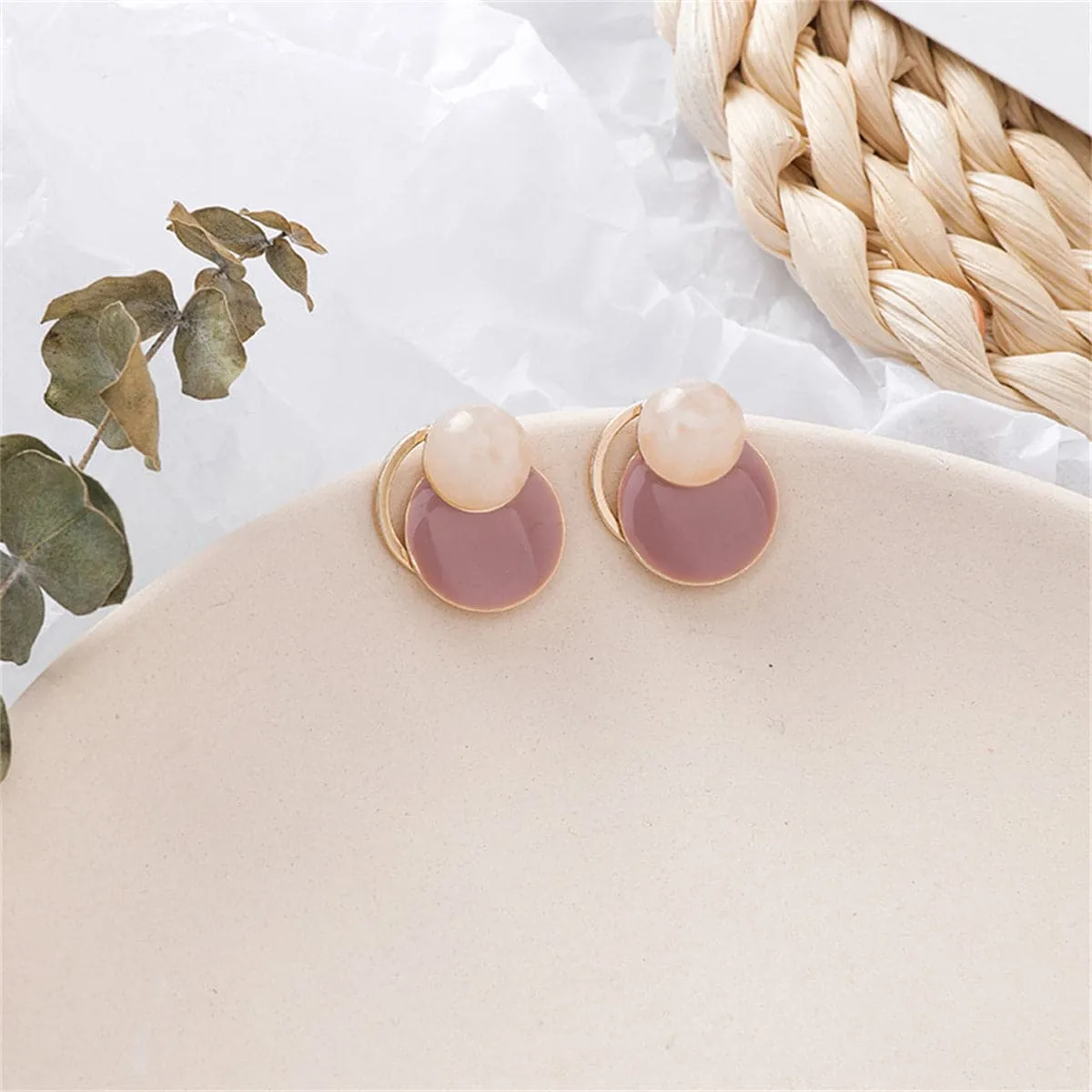 Mauve Enamel & 18K Gold-Plated Circles Stud Earrings