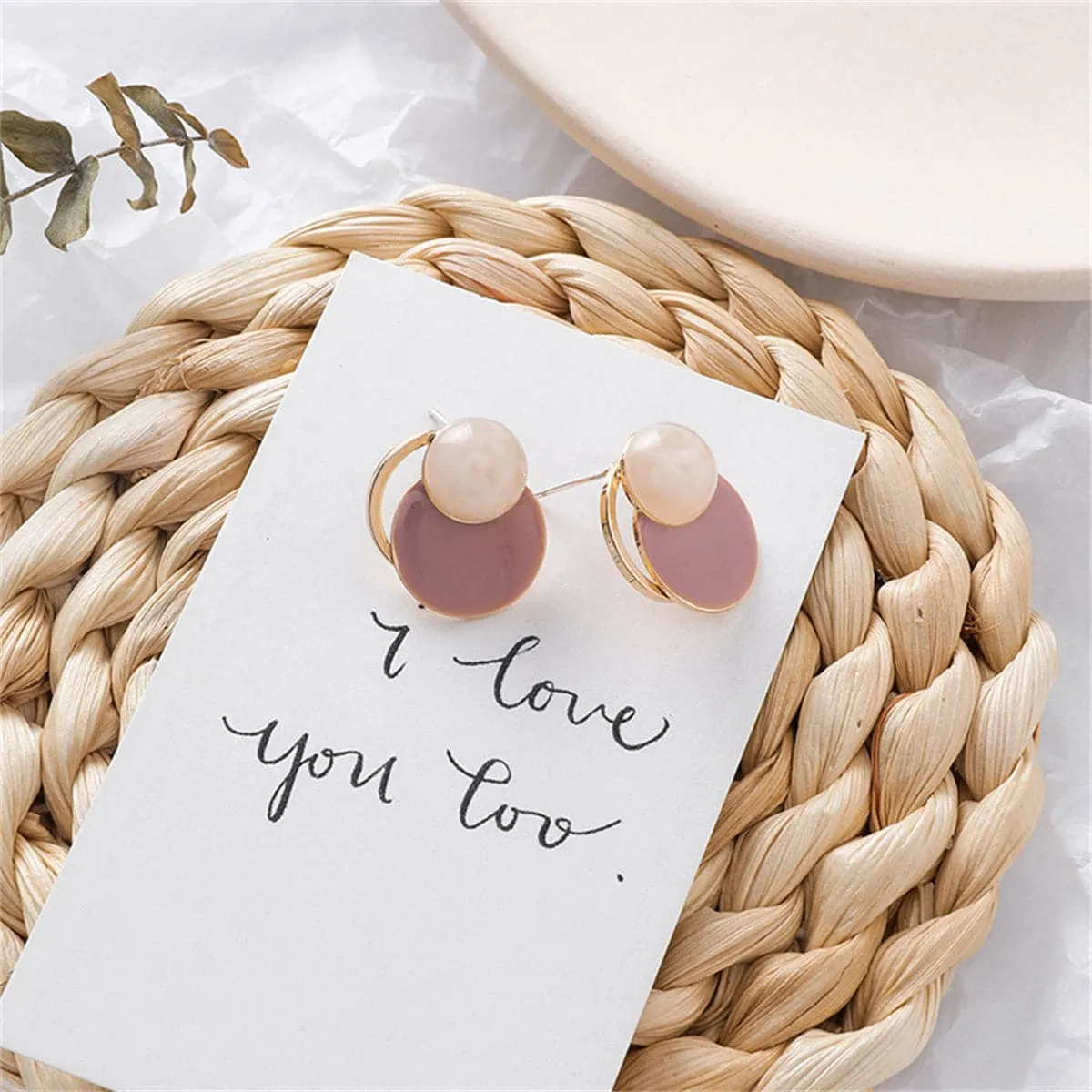 Mauve Enamel & 18K Gold-Plated Circles Stud Earrings