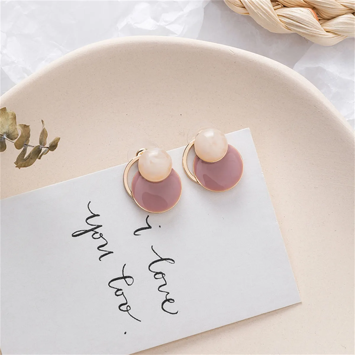 Mauve Enamel & 18K Gold-Plated Circles Stud Earrings