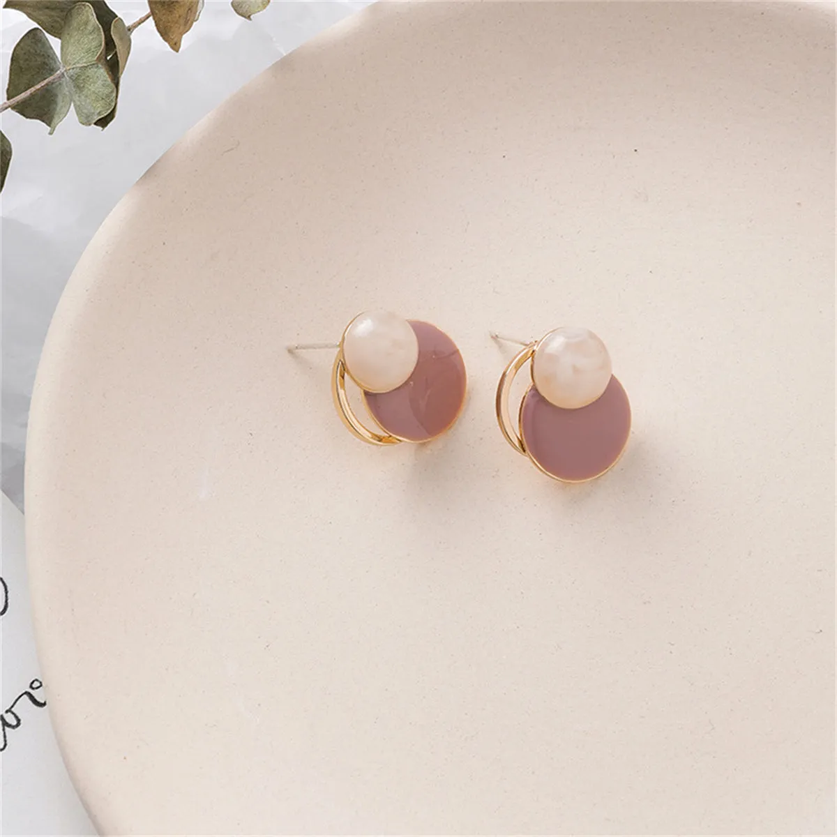 Mauve Enamel & 18K Gold-Plated Circles Stud Earrings
