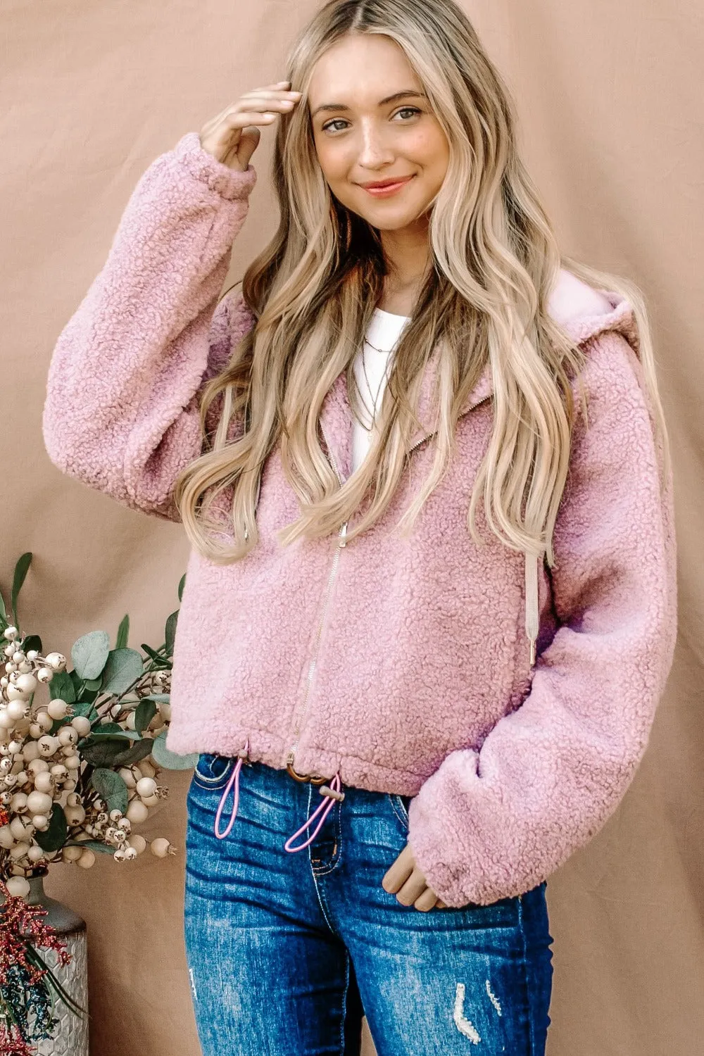 Mauve Sherpa Drawstring Cropped Hooded Jacket