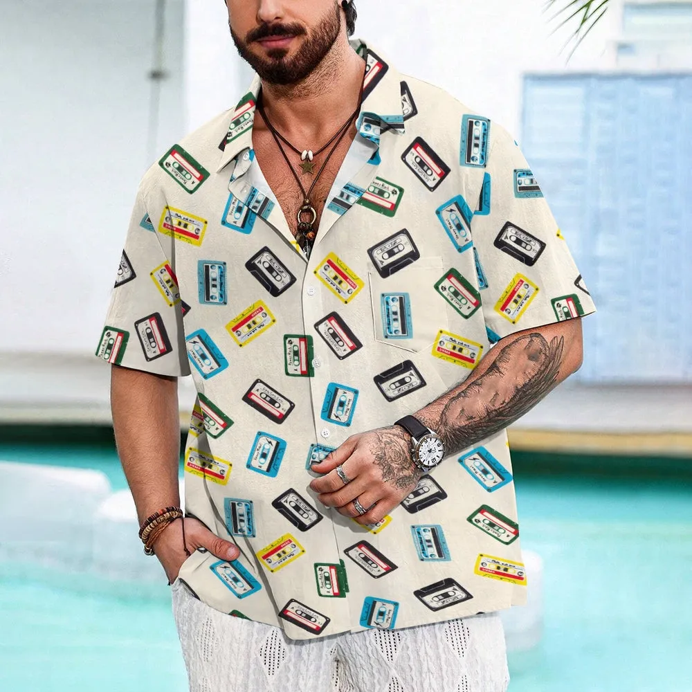 Men's Music Tape Print Casual Short Sleeve Shirt 2406000155