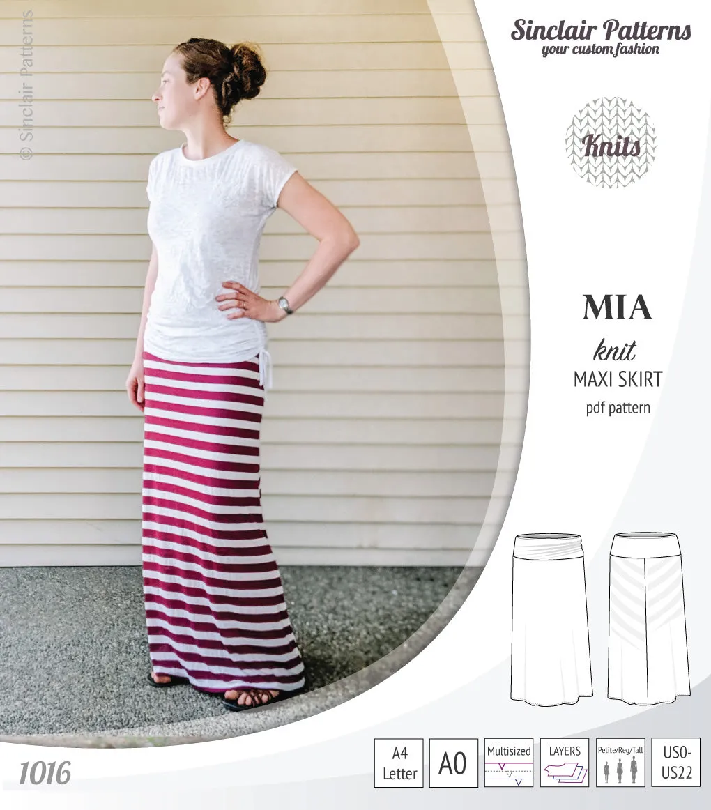 Mia knit maxi skirt with side slits and yoga style waistband (PDF)