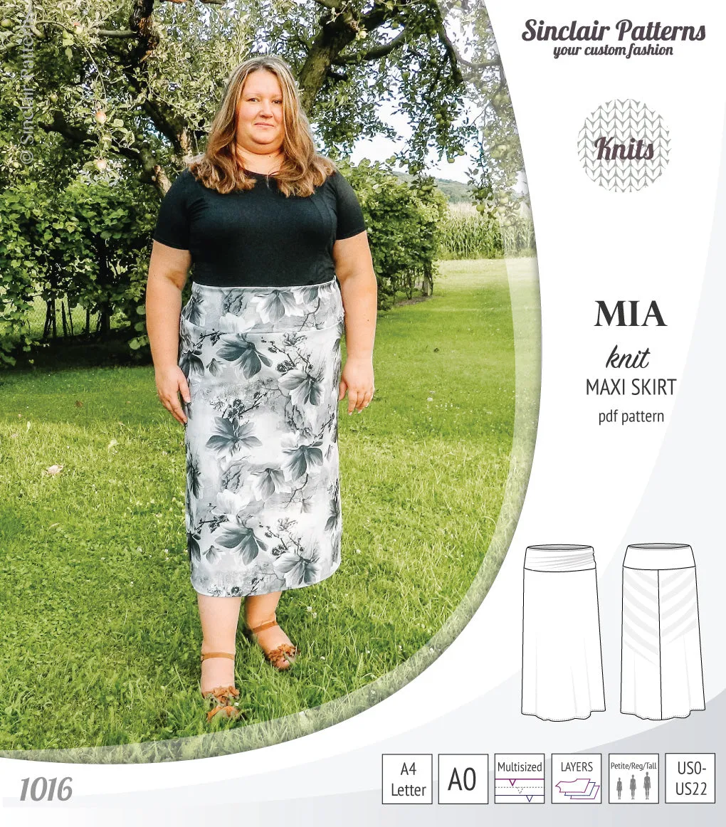 Mia knit maxi skirt with side slits and yoga style waistband (PDF)