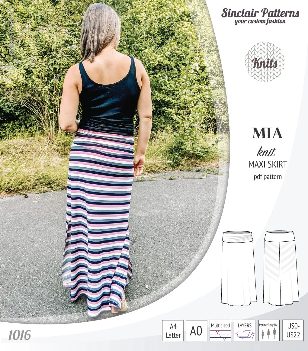 Mia knit maxi skirt with side slits and yoga style waistband (PDF)