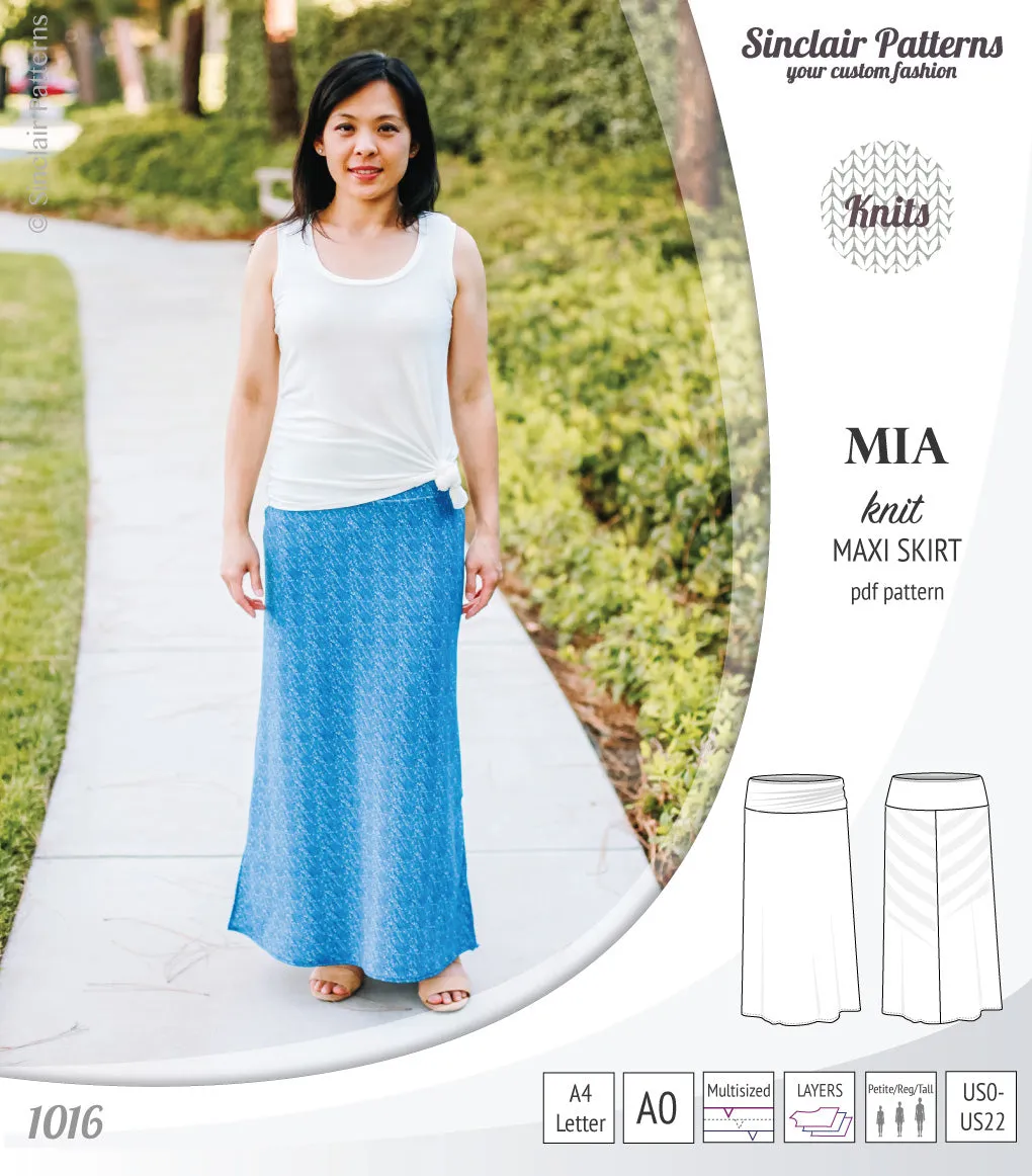 Mia knit maxi skirt with side slits and yoga style waistband (PDF)