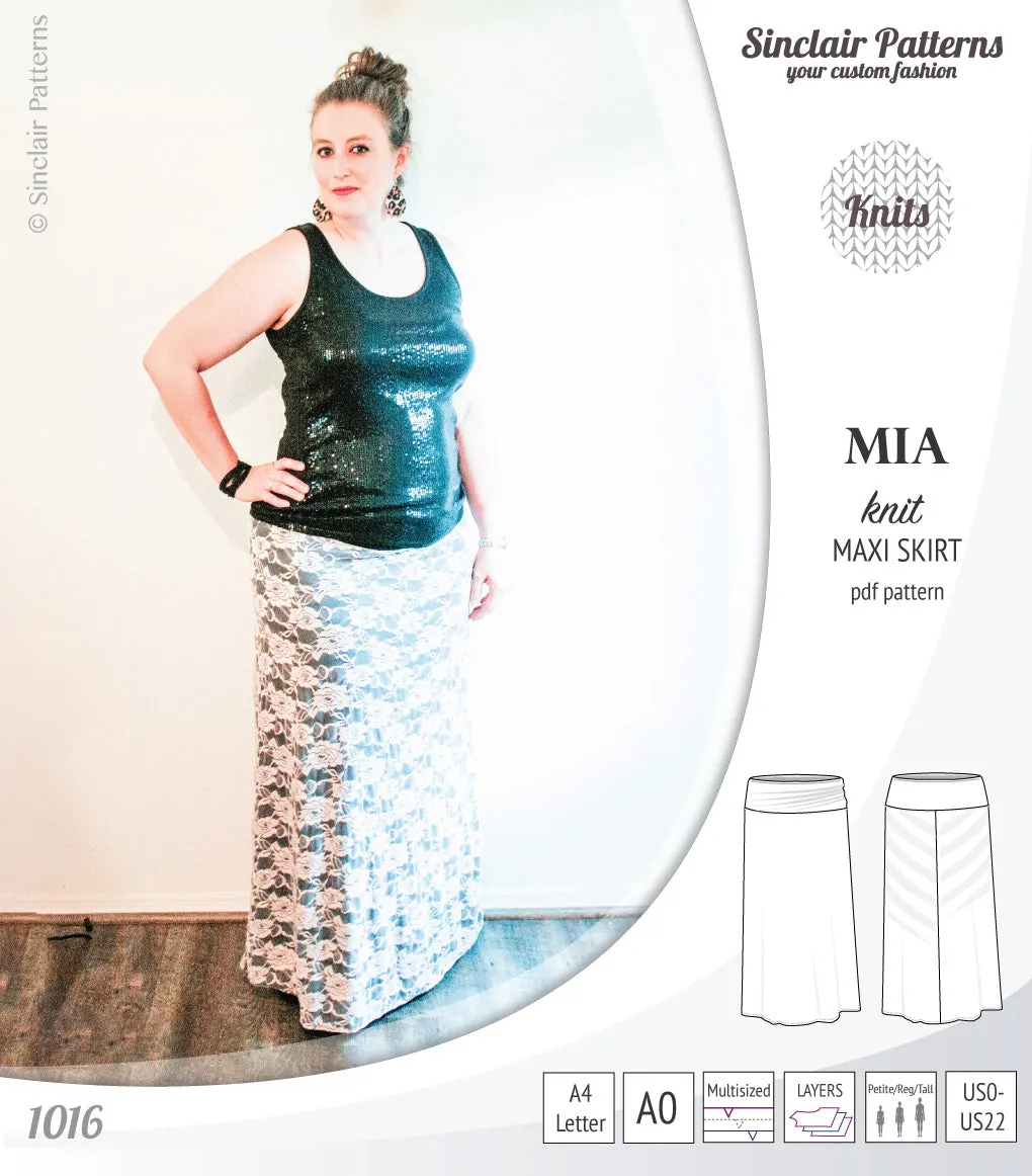 Mia knit maxi skirt with side slits and yoga style waistband (PDF)