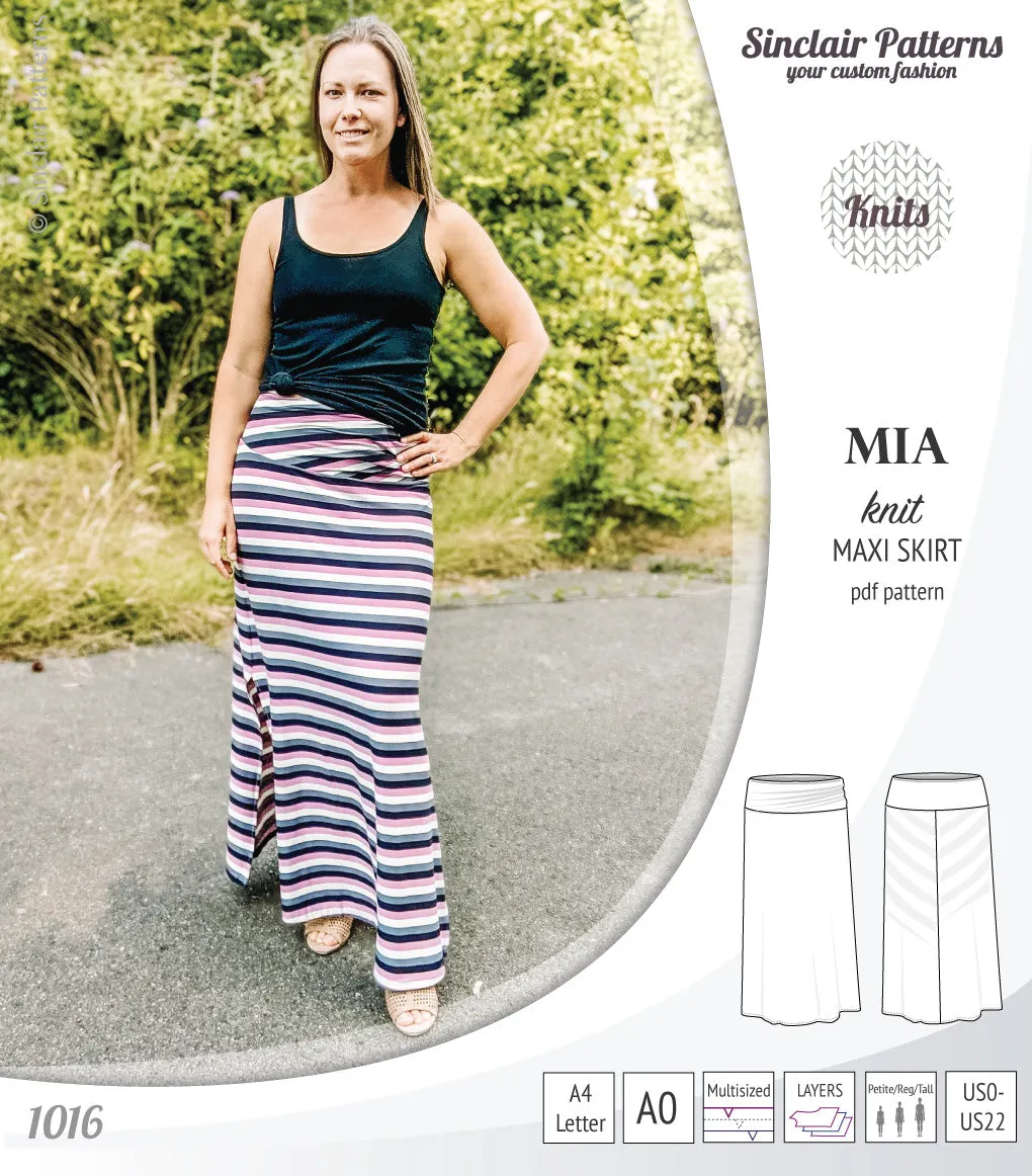 Mia knit maxi skirt with side slits and yoga style waistband (PDF)