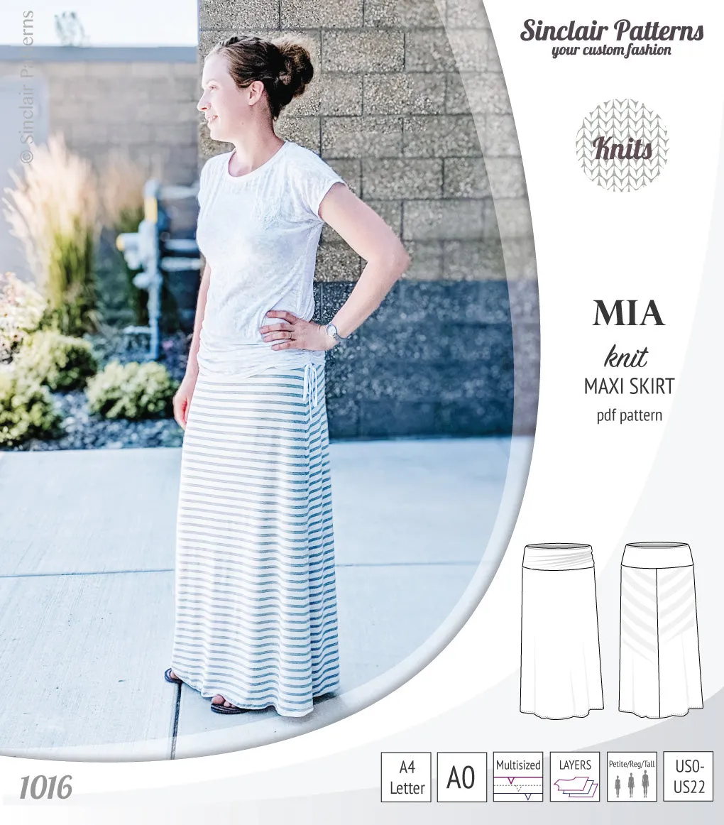 Mia knit maxi skirt with side slits and yoga style waistband (PDF)