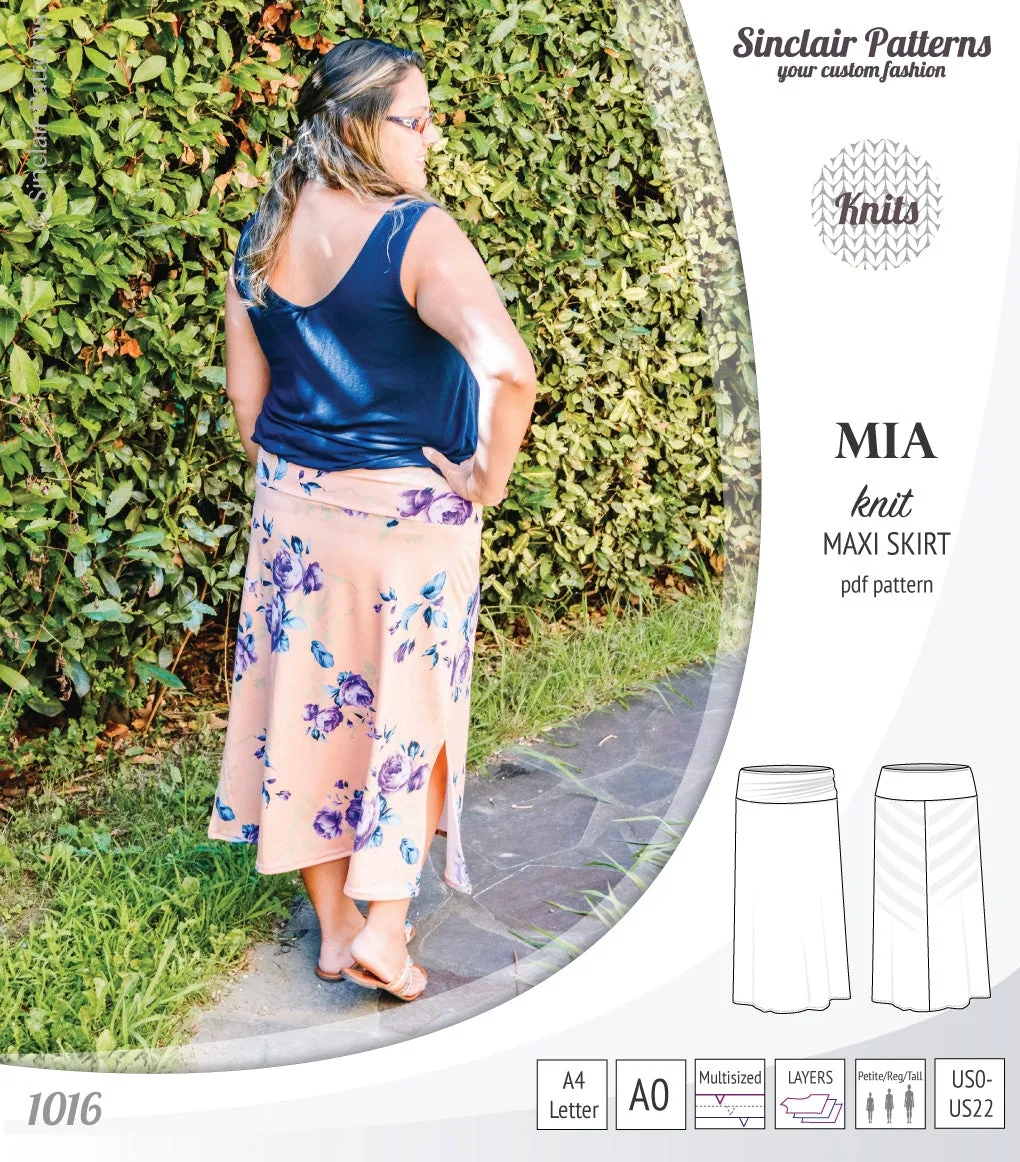 Mia knit maxi skirt with side slits and yoga style waistband (PDF)