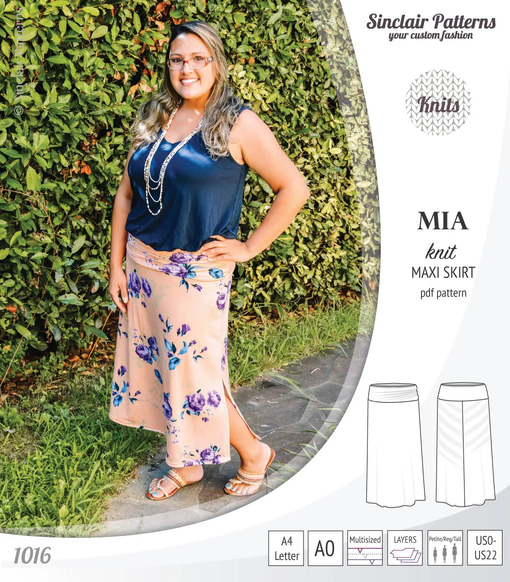 Mia knit maxi skirt with side slits and yoga style waistband (PDF)