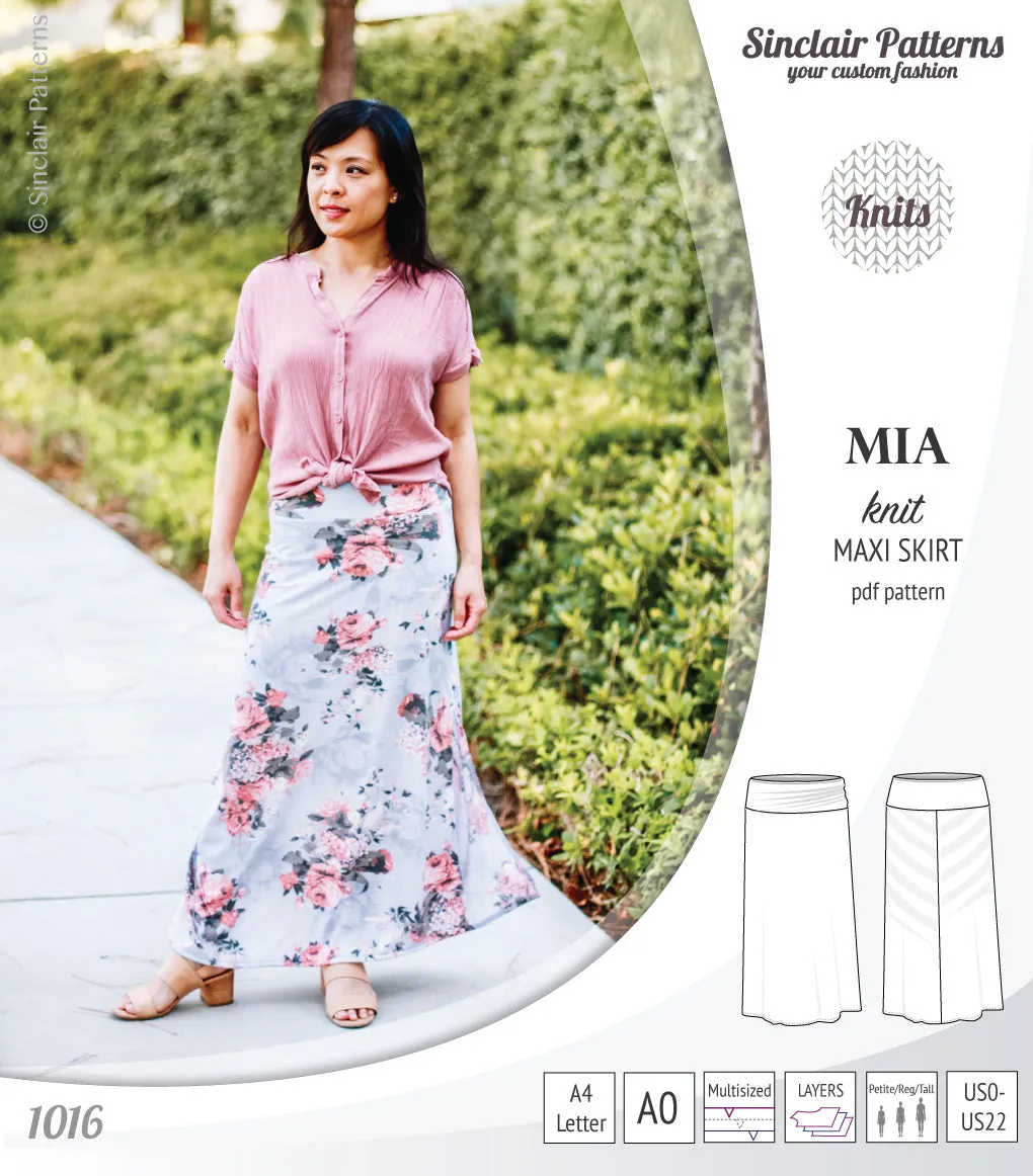 Mia knit maxi skirt with side slits and yoga style waistband (PDF)