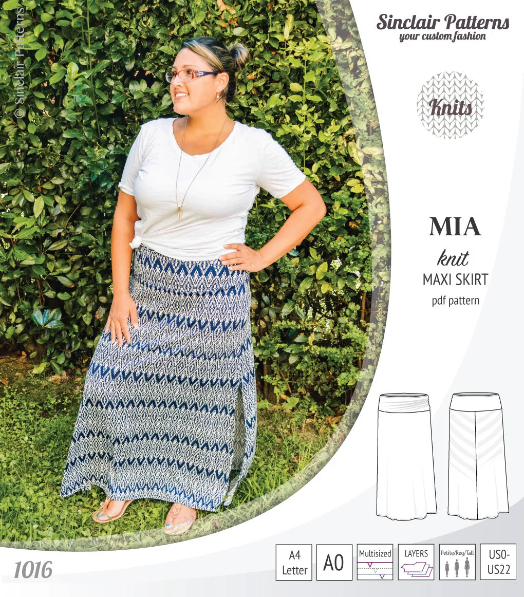 Mia knit maxi skirt with side slits and yoga style waistband (PDF)