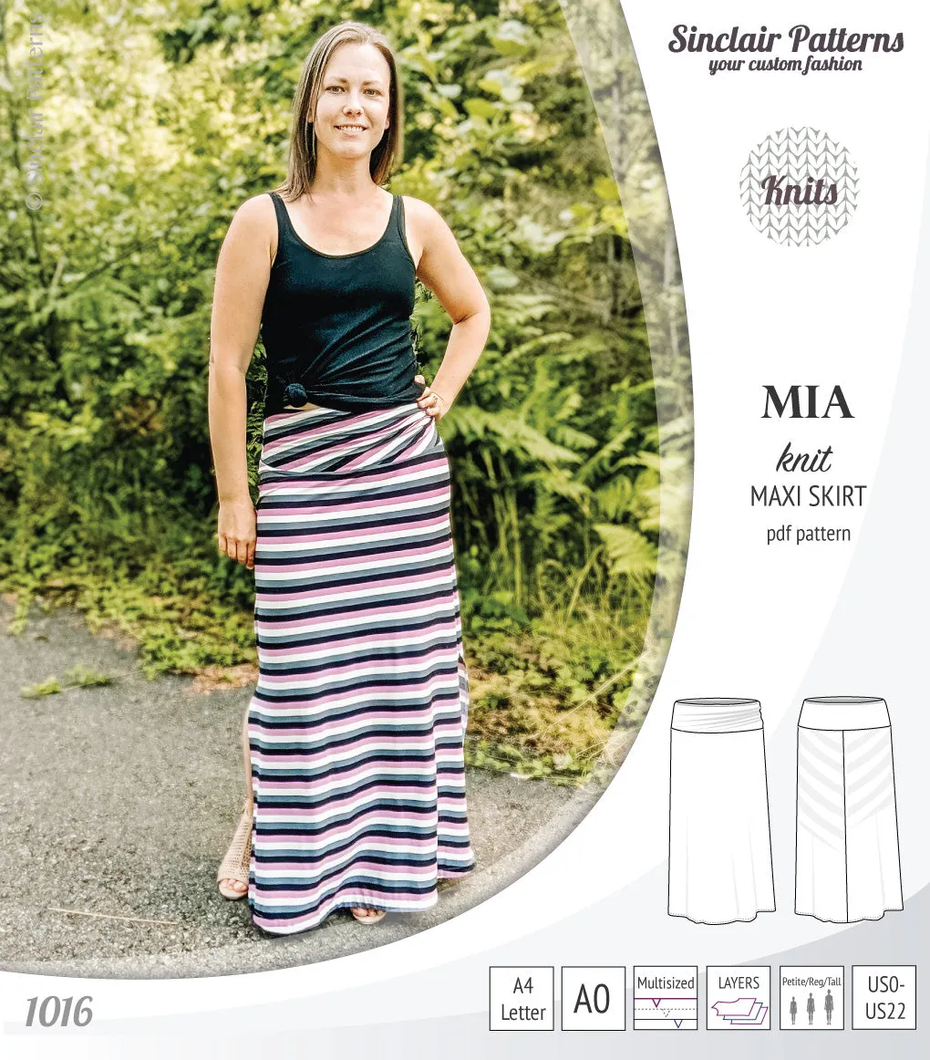 Mia knit maxi skirt with side slits and yoga style waistband (PDF)