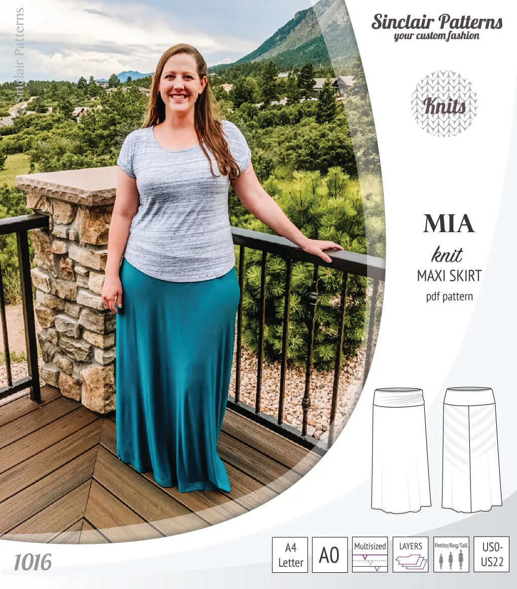 Mia knit maxi skirt with side slits and yoga style waistband (PDF)