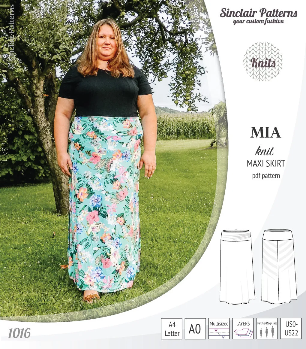 Mia knit maxi skirt with side slits and yoga style waistband (PDF)