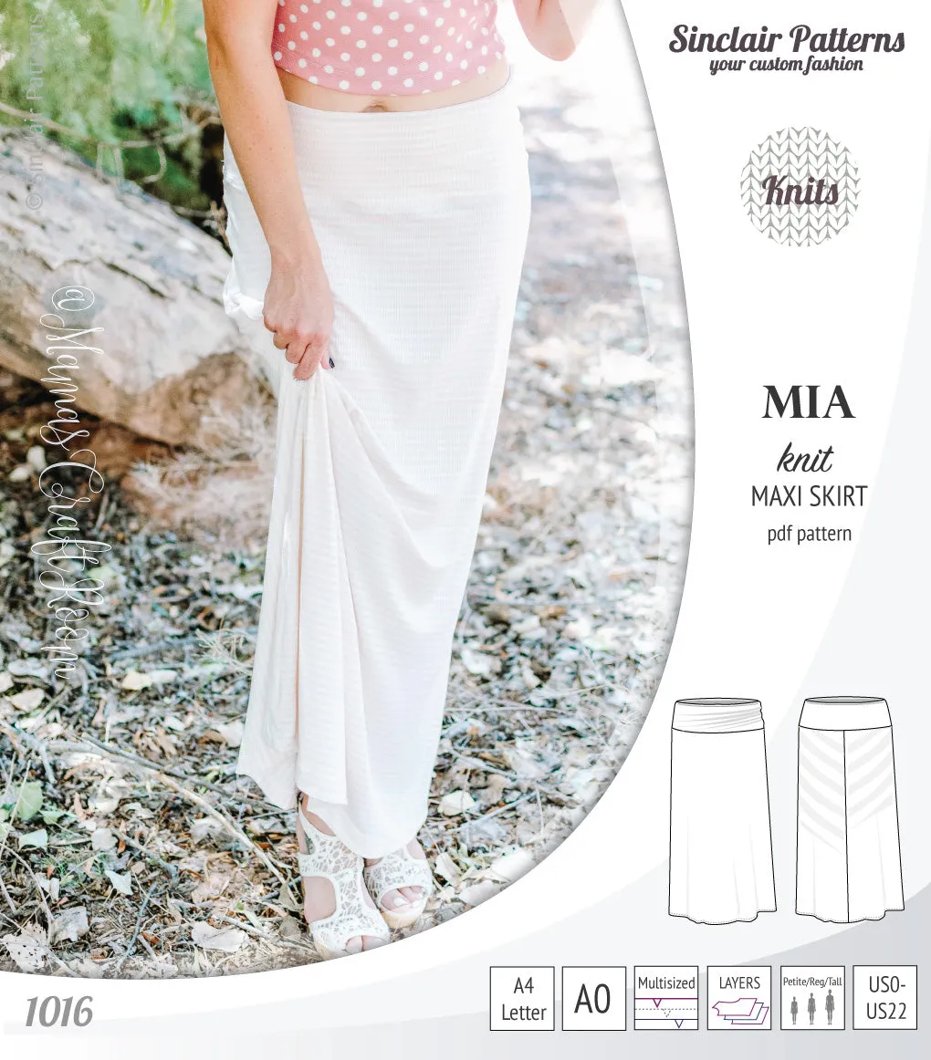 Mia knit maxi skirt with side slits and yoga style waistband (PDF)