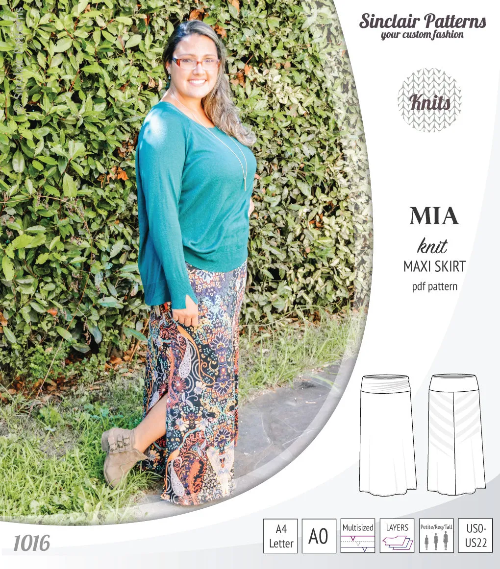 Mia knit maxi skirt with side slits and yoga style waistband (PDF)