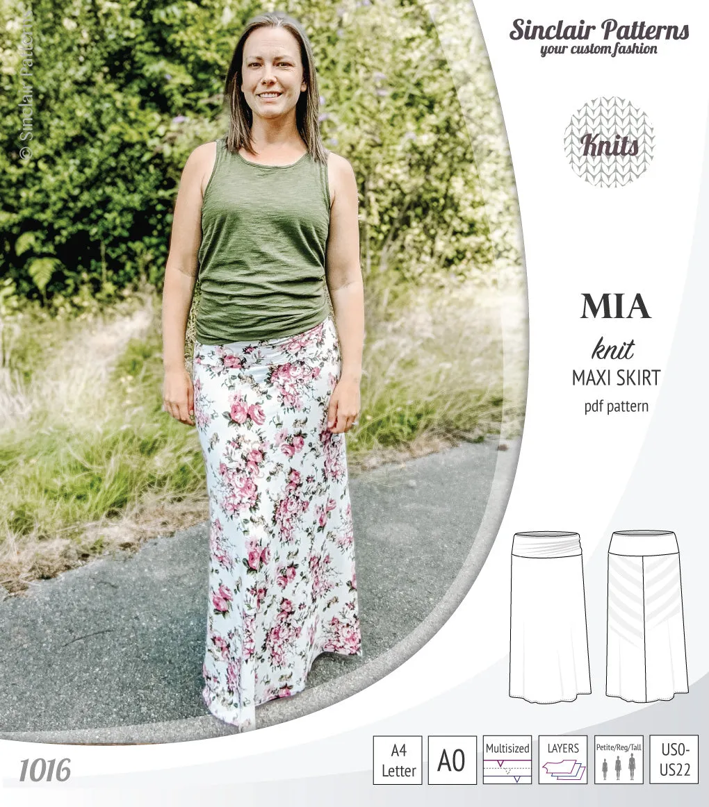 Mia knit maxi skirt with side slits and yoga style waistband (PDF)