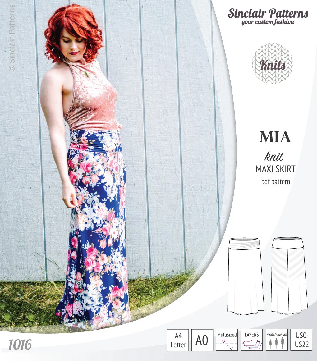 Mia knit maxi skirt with side slits and yoga style waistband (PDF)
