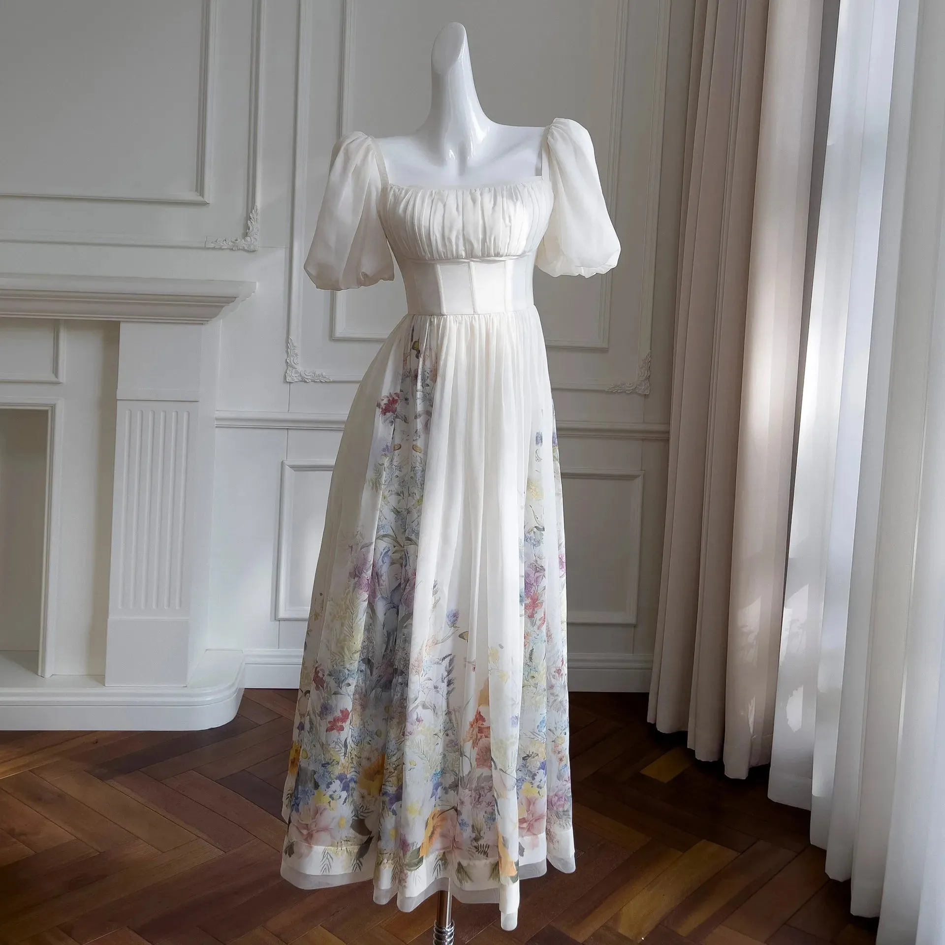 Miah Square Collar High Waist Short Sleeve Elegant Dress
