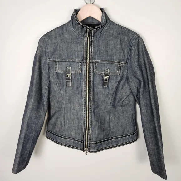 Michael Kors Denim Jacket With Faux Leather Trim Flap Buckle Pockets (M) #0215