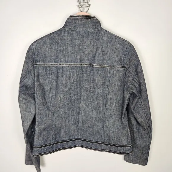 Michael Kors Denim Jacket With Faux Leather Trim Flap Buckle Pockets (M) #0215