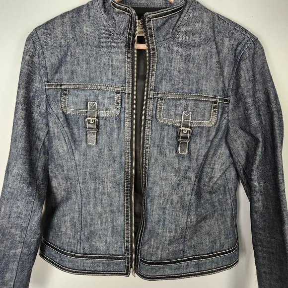 Michael Kors Denim Jacket With Faux Leather Trim Flap Buckle Pockets (M) #0215