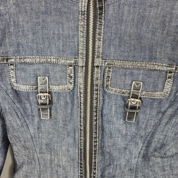 Michael Kors Denim Jacket With Faux Leather Trim Flap Buckle Pockets (M) #0215