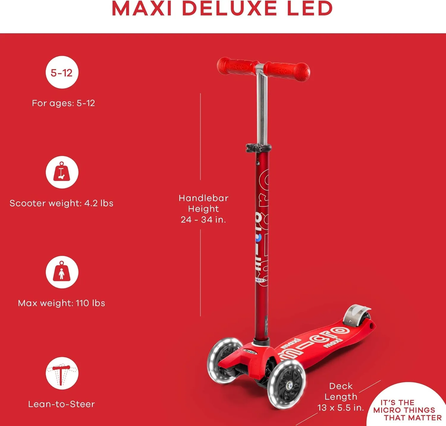 Micro Maxi Micro Deluxe with LED Wheels, Red - MMD068
