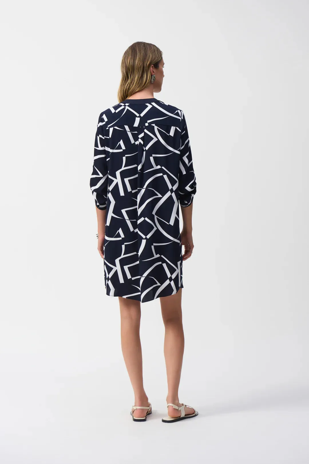 Midnight Blue/Vanilla Woven Geometric Print Straight Dress Style 251143