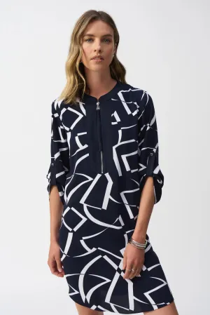 Midnight Blue/Vanilla Woven Geometric Print Straight Dress Style 251143