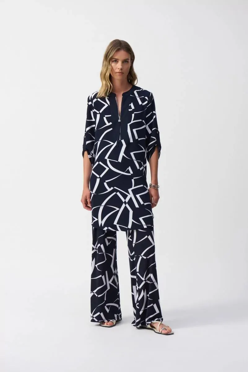 Midnight Blue/Vanilla Woven Geometric Print Straight Dress Style 251143