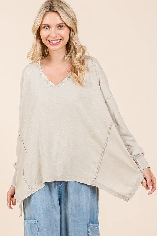 Mineral Wash V-Neck Long Sleeve Oversized Top