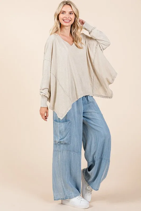 Mineral Wash V-Neck Long Sleeve Oversized Top