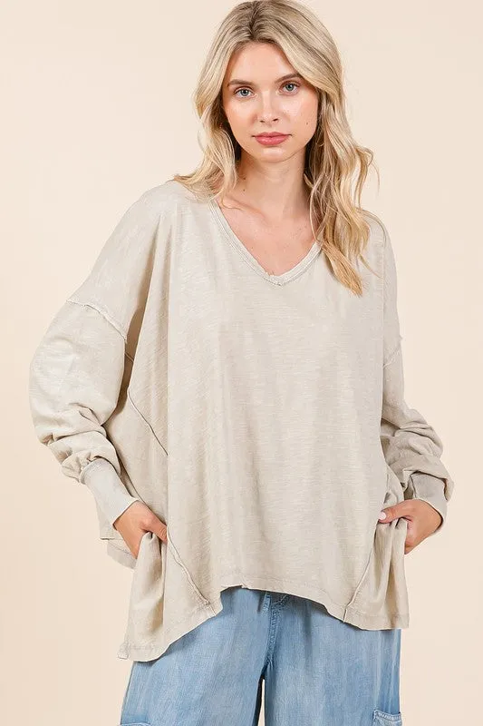 Mineral Wash V-Neck Long Sleeve Oversized Top