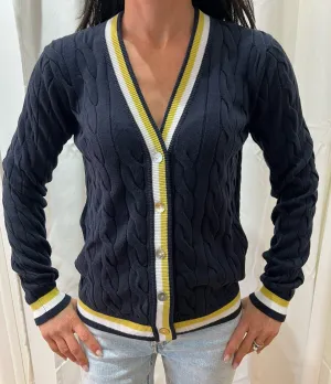 Minnie Rose Cotton Cable Cardigan With Striped Trim