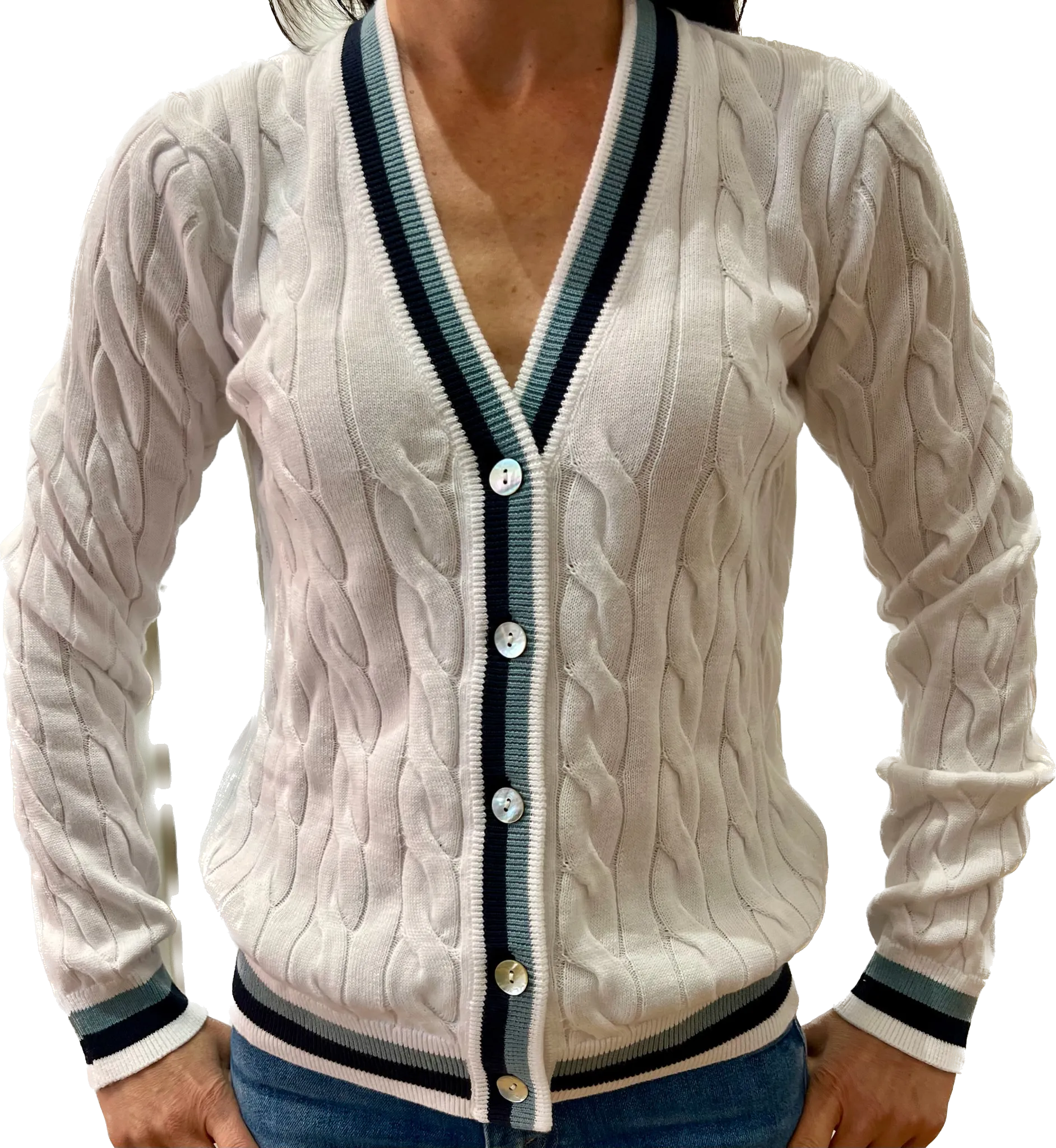 Minnie Rose Cotton Cable Cardigan With Striped Trim