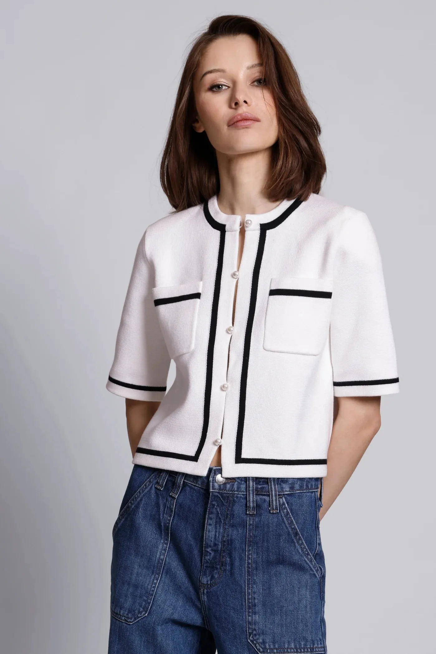 Minnie Rose  Short Sleeve Tipped Cropped Jacket