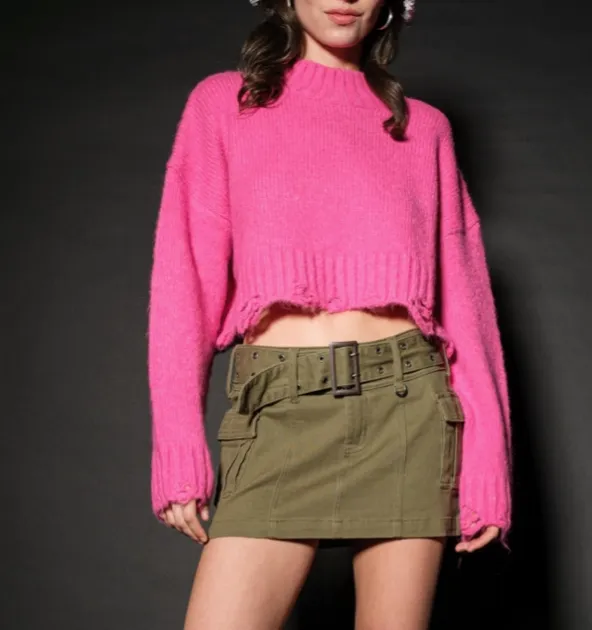Mock Neck Distressed Crop Sweater