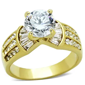 MT3231 - IP Gold(Ion Plating) Stainless Steel Ring Clear Crystals - April Birthstone -Newest