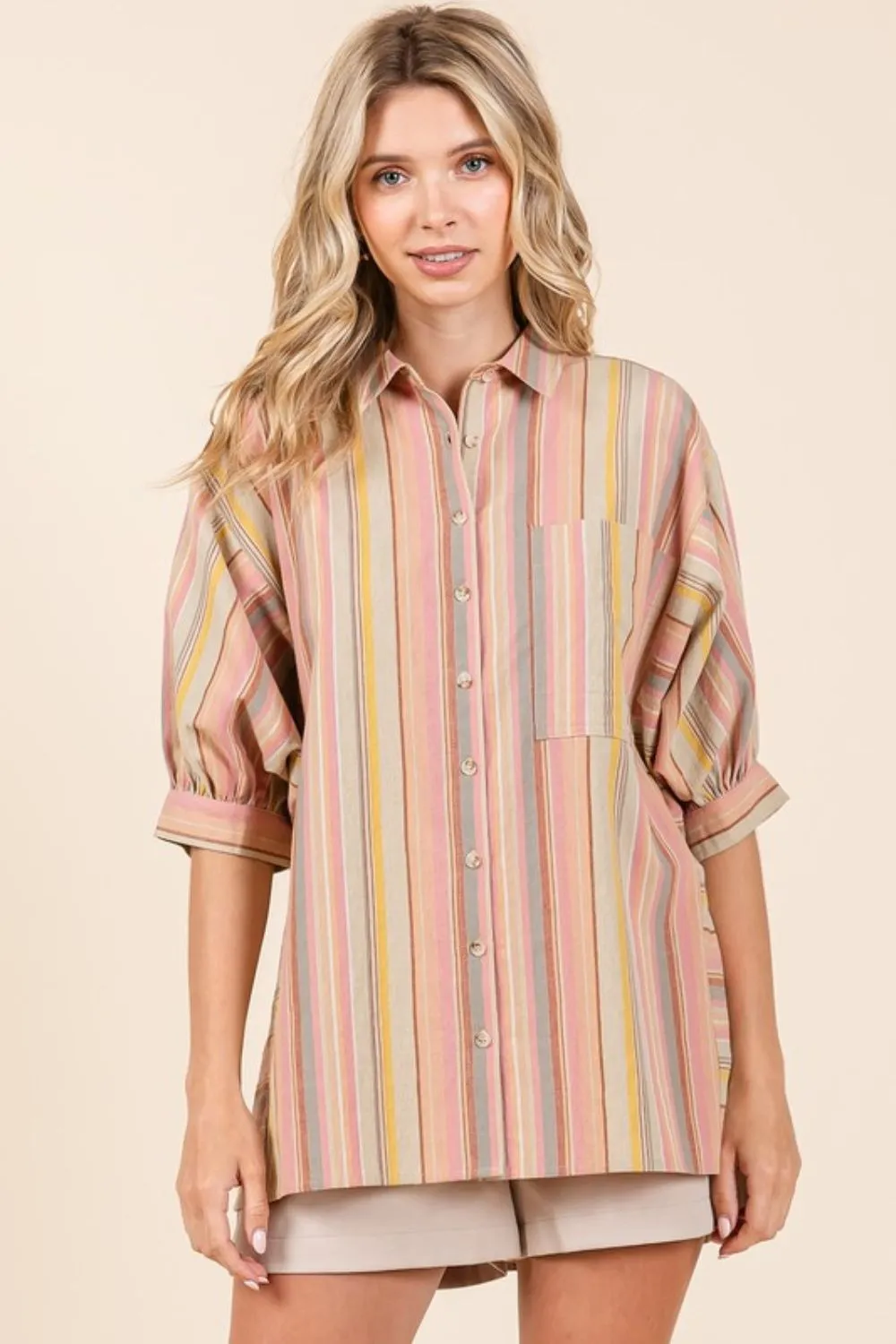 Multicolor Striped Bubble Sleeve Button Down Shirt