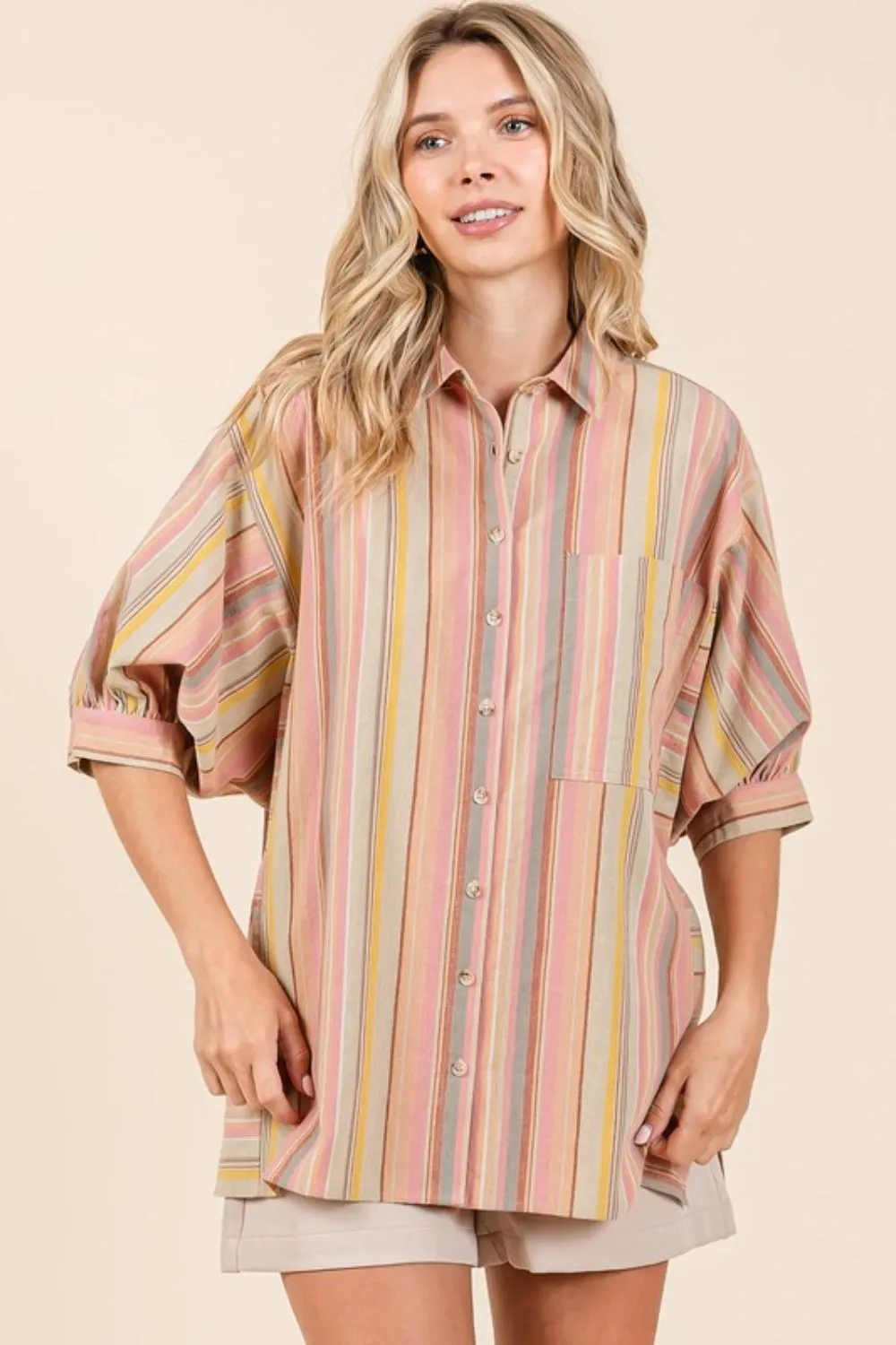 Multicolor Striped Bubble Sleeve Button Down Shirt